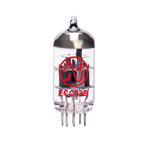JJ Electronic ECC83S preamp vacuum tube with red logo print against a white background.