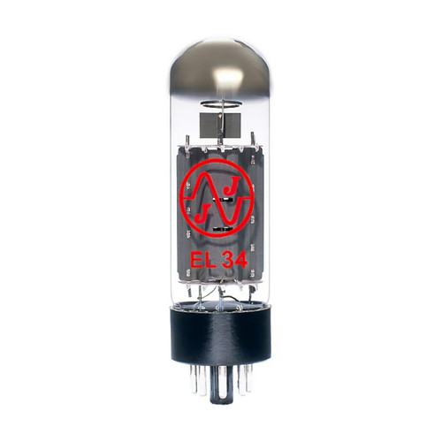 JJ Electronic EL34 power vacuum tube featuring an octal black base and red JJ logo on a solid white background.