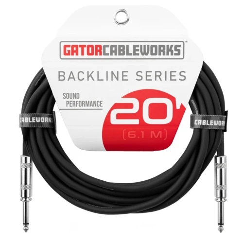 Gator Cableworks Backline Series 20 ft (6.1 m) instrument cable with black coiled cable and straight 1/4-inch connectors, displayed in retail packaging featuring sound performance branding.
