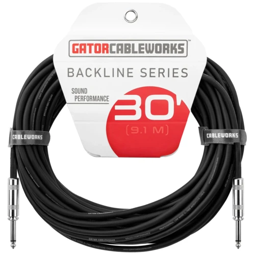 Gator Cableworks Backline Series 30 ft (9.1 m) instrument cable with black coiled cable and straight 1/4-inch connectors, displayed in retail packaging featuring sound performance branding.