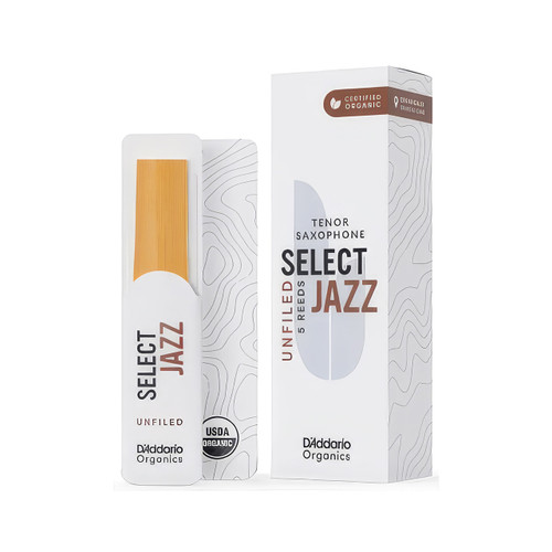 D’Addario Organics Select Jazz tenor saxophone reeds, unfiled cut, displayed in a white reed holder with a visible reed alongside the product box marked ‘Certified Organic’ and ‘USDA Organic.’