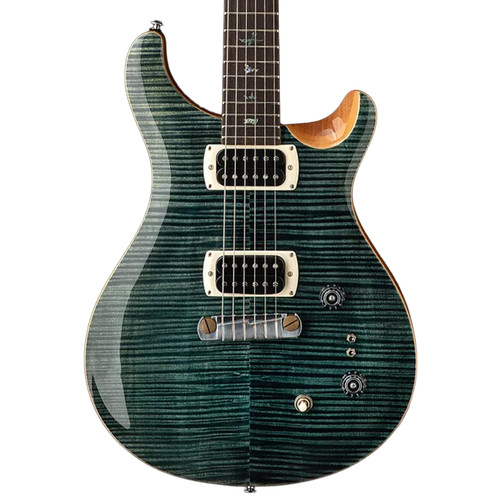 PRS SE Paul’s Guitar in Slate Blue finish, featuring a carved figured maple top, dual humbuckers, bird inlays, and two amber control knobs.