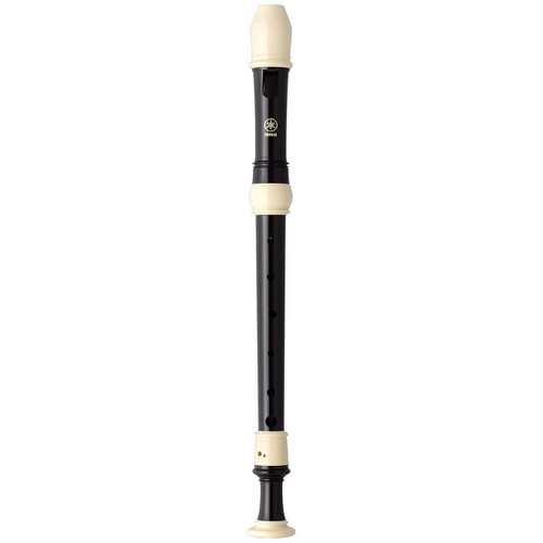 A recorder with beige mouthpiece and foot joint, black body with finger holes