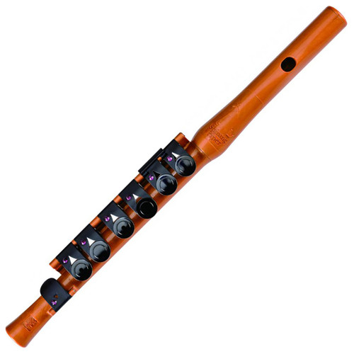 Guo Boomerang Shining Piper Flute made of lightweight material with six black keys, a wooden-style finish, crystals embedded in the keys.