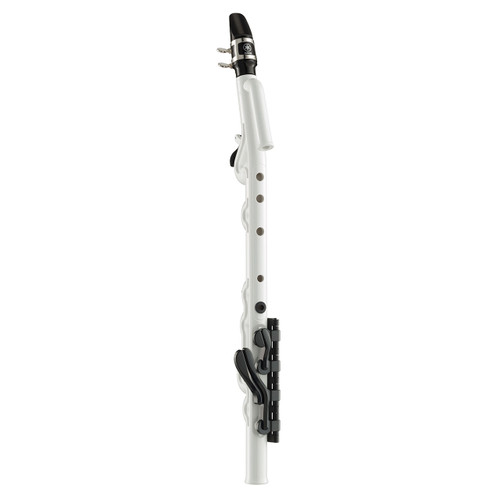 The image shows a Yamaha Venova, which is a wind instrument that combines elements of both the recorder and the saxophone. The instrument has a white body with black keys and a black mouthpiece