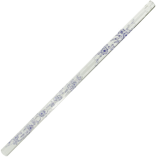 A clear Hall crystal glass flute with a slender design, featuring intricately etched blue delft floral motifs along its length.