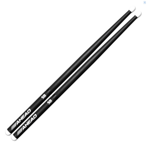 A black pair of Ahead 5B light Aluminum Drumsticks with a white tip A black pair of Ahead 5B light Aluminum Drumsticks with a white tip