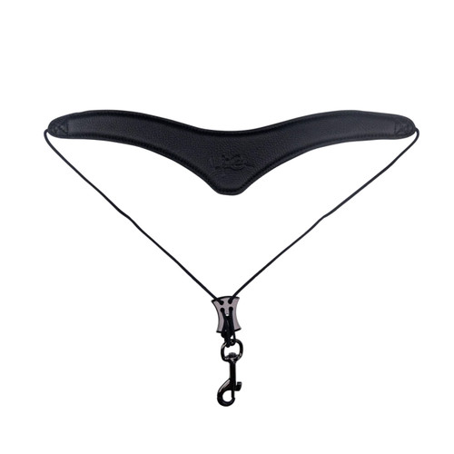 Levy's Mindi Abair Signature Series black leather saxophone strap with contoured neck pad, decorative stitching, and metal hook