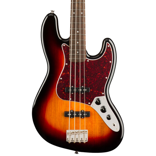 Squier Classic Vibe '60s Jazz Bass in Three Color Sunburst with a tortoiseshell pickguard, dual pickups, and three control knobs.