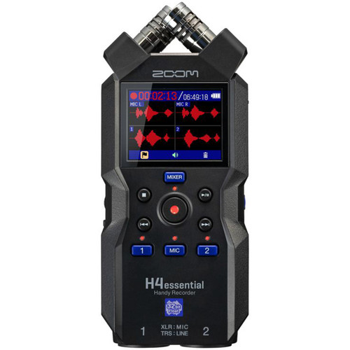 Zoom H4essential Handy Recorder with a black body, screen displaying left and right microphone waveforms, recording timer, and control buttons labeled MIXER, 1, 2, and others for playback and recording.