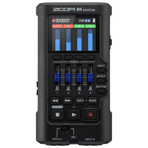 Top view of the Zoom R4 MultiTrak audio recorder showing track sliders, input buttons, control panel, and audio level display screen.