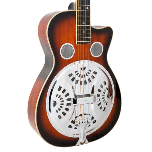 Close-up of a resonator guitar with sunburst finish, metal grille sound holes, ornate resonator cover, and snowflake fretboard inlays.
