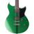 Front view of a green electric guitar with dual humbuckers, cream pickguard, and vertical racing stripes.