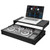 A DJ setup featuring a laptop on a stand displaying DJ software with virtual turntables, positioned above a DJ controller with knobs, buttons, and jog wheels.