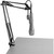 A microphone mounted on an adjustable arm stand clamped to the edge of a table, positioned above the surface and ready for use.