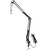 A black adjustable microphone arm stand with a clamp for desk mounting, featuring multiple joints for flexible positioning and an attached cable.