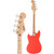 Dual-view of red electric bass guitar showing front of neck with 'Squier' headstock and four tuning pegs, and back view highlighting glossy coral red body.