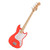 Coral red electric bass guitar with white pickguard, four strings, light wood neck, and headstock featuring tuning pegs, showcasing a clean, vibrant design.