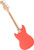 Back view of coral red electric guitar with light maple neck, four tuning pegs on headstock, and metal plate at neck joint, showcasing sleek design.