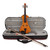 An amber Hidersine HEV2 electric violin placed inside an open, grey-lined case with accessory compartments and a bow positioned diagonally across the bottom.