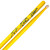 A close-up view of two yellow drumsticks with dark green illustrations and text. The drumsticks have wooden tips, positioned with the tips facing opposite each other.