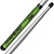 A silver pair of Ahead Rikki Rockett Poison Aluminum Drumsticks with a green handle and black tips. A silver pair of Ahead Rikki Rockett Poison Aluminum Drumsticks with a green handle and black tips.
