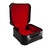 An open accordion case with a black textured exterior and a red padded interior. The case features metal latches and a front handle.