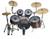 A five-piece drum set with black hole practice pads over each drum, wooden shells, two crash cymbals, a ride cymbal, a hi-hat, and a bass drum pedal, arranged for a standard percussion setup.