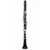 A black clarinet with silver keys and a bell-shaped end, standing upright against a plain white background