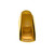 Front-facing view of a gold-colored saxophone mouthpiece with a reflective finish, showing the tip opening and internal chamber on a flat surface.