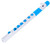 White and blue plastic flute-like instrument with six finger holes; blue top section and blue accents around the finger holes on the white body.