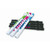 Collection of six plastic recorders: three white with colorful accents (green/blue, pink/blue, purple/blue) and three black with accents (green/pink, blue/pink, purple/green).