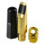 Gold-colored saxophone mouthpiece with black tip, paired with a matching gold ligature and black plastic cap, displayed on a flat surface.