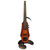 Electric violin with a sunburst body and black fittings, positioned upright on a black stand against a plain background. Electric violin with a sunburst body and black fittings, positioned upright on a black stand against a plain background.