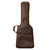 Brown leather padded guitar case with a handle, front pocket, and two zippers. Features metal rivets near the handle for added durability.