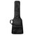 Black leather padded bass guitar case with a handle, front pocket, and two zippers. Features metal rivets near the handle for added durability.
