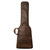 Brown leather padded bass guitar case with a handle, front pocket, and two zippers. Features metal rivets near the handle for added durability.