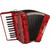 A red Hohner 1303 accordion with a glossy finish, black and white piano keys on the left, white buttons on the right, and black bellows with white trim.