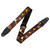 Levy's Down Under Series guitar strap in Sunset design, featuring circular and dot motifs in yellow, orange, red, and white on a black background, with black leather ends and reinforced stitching.