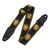 Levy's Sun Motif Series woven guitar strap in black with yellow sun faces, star accents, decorative border, black leather ends, and buckle.