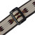 Close-up of a Levy's MSSN80-TAN guitar strap showing a black rectangular buckle and a woven beige strap with black, red, and yellow geometric patterns.