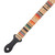 Detail of the black end of the colorful stripe patterned cork ukulele strap.