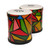 Side perspective of LP World Beat bongos showing two cylindrical drums with multicolor geometric shells and white heads.
