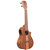 Angled front view of Kala KA-TK-C-CE Teak Tri-Top Concert Ukulele with cutaway body, natural teak wood finish, four strings, and built-in electronics on the side.