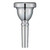 A silver Yamaha tuba mouthpiece shown upright, featuring a wide rounded rim, deep bowl-shaped cup, engraved Yamaha branding, and a smoothly tapered shank.