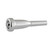 Side view of a silver Bach Megatone trumpet mouthpiece on a white background.