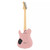 Back view of a light pink electric guitar with a natural maple neck and rear control cavity plate.