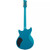 Back view of a blue electric guitar with a black rear control cover.