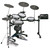 Side‑angle view of an electronic drum kit featuring mesh drum pads, cymbal pads, kick pedals, hi‑hat stand, and mounted sound module on a sturdy rack system.