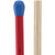 Close-up of red-handled drumsticks with blue tips against a white background.